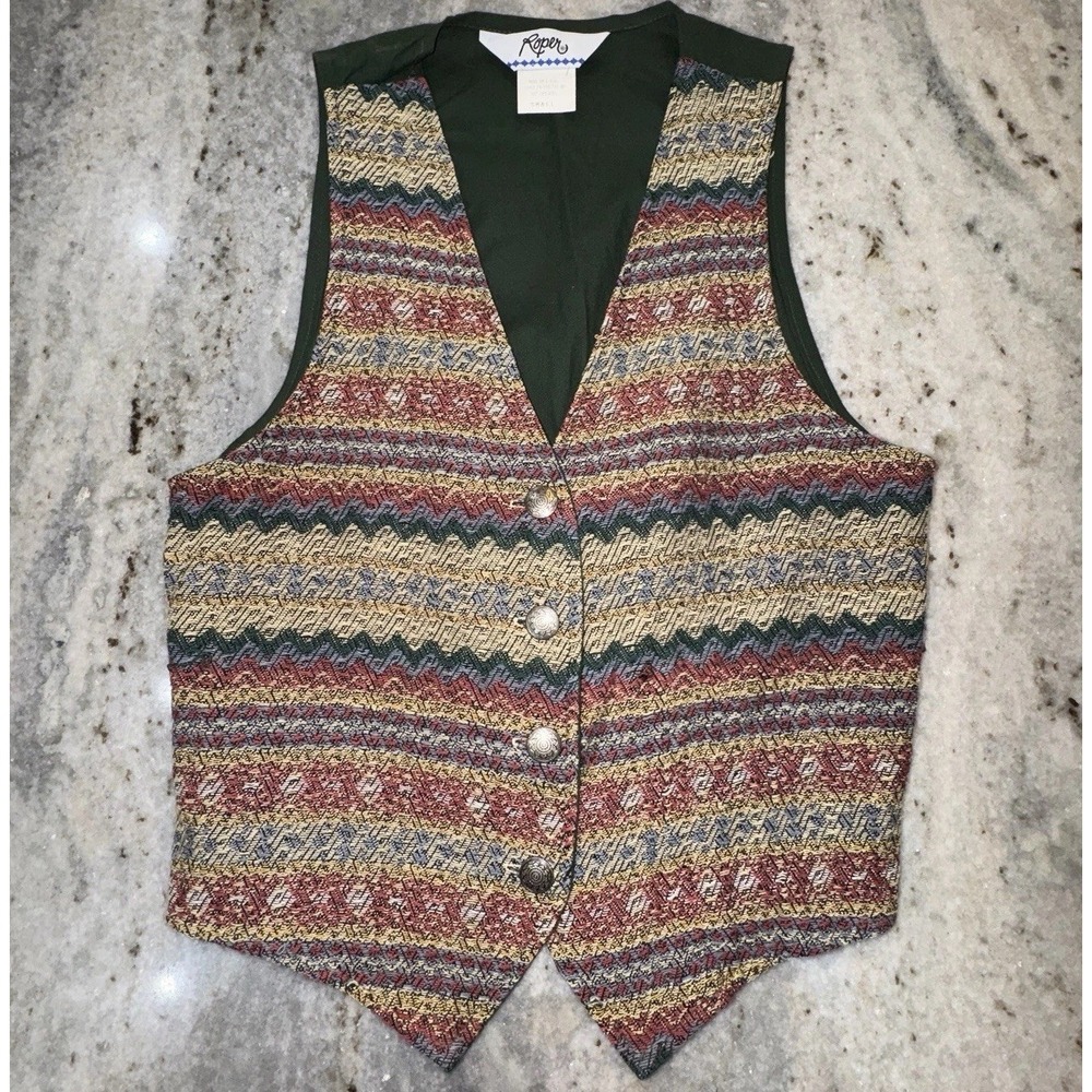 VTG Roper Tapestry Western Vest Waist Coat Geometric Aztec Size Small Made USA